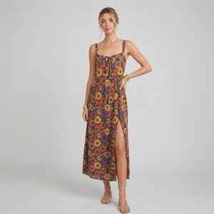 Natural Life Patti Maxi Dress L Teal Sunflower Tie Front Empire Waist Side Slit